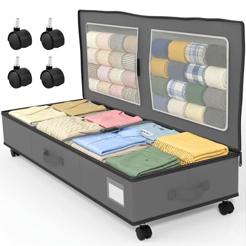 GoMaihe Under Bed Storage with Wheels: 70L Rolling Bins for Wrapping Paper Storage, Toys, Clothes - Includes Mesh Bag & Adjustable Dividers, Metal Frame Easy Pull-out Grey 1-Pack - color: Grey
