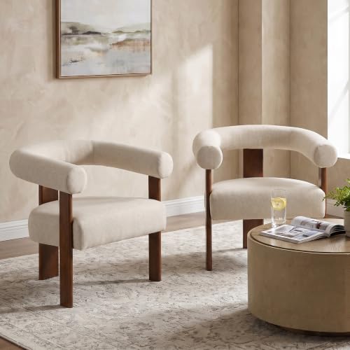 VKNOW Barrel Accent Chairs Set of 2 with Armrests and Walnut Wood Legs | Mid Century Modern Upholstered Living Room Chairs with Open Back, Faux Mohair Fabric, for Living Room, Bedroom, Khaki - color: Khaki(walnut Legs), size: Set of 2