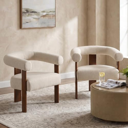 VKNOW Barrel Accent Chairs Set of 2 with Armrests and Walnut Wood Legs | Mid Century Modern Upholstered Living Room Chairs with Open Back, Faux Mohair Fabric, for Living Room, Bedroom, Khaki - color: Khaki(walnut Legs), size: Set of 2
