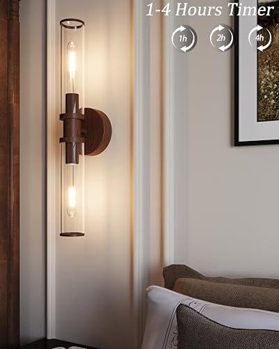 Rayogale Walnut Wireless Battery Operated Wall Sconces with Remote Control | Glass Rechargeable Wall Lights Set of 2 with Timer Function Dimmable for Living Room Bedroom Emergency 3000K, 20.5 Inch - color: Walnut(Clear Tubular Lampshade)