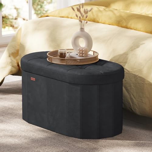 SONGMICS Mazie Collection - Folding Ottoman with Storage, Oval Storage Ottoman Bench, for Living Room, Bedroom, Velvet Fabric, 15 x 30 x 15 Inches, Ink Black ULSF267BH01 - color: Ink Black, size: 15"D x 30"W x 15"H, style: Oval