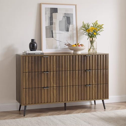 Smart FENDEE Fluted 6 Drawers Dressers, 47.24" W Chest of Drawers, Mid- Century Modern Wooden Dresser TV Stand Drawer Storage Organizer for Bedroom, Living Room, Hallway, Entryway, Walnut