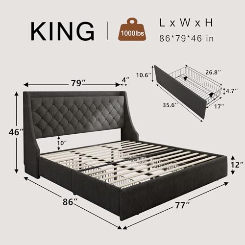 Einhomn Upholstered King Size Bed Frame with 4 Storage Drawers, Platform Bed Frame with Wingback Headboard, Charging Station, No Box Spring Needed, Dark Grey - color: Dark Gray, size: King