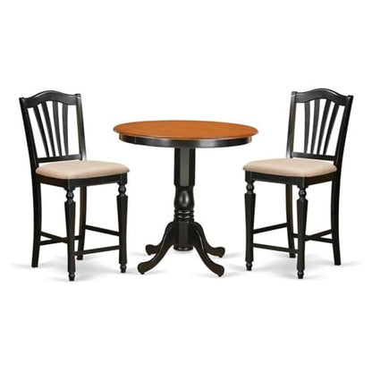 East West Furniture JACH3-BLK-C 3 Piece Counter Height Dining Table Set Contains a Round Wooden Table with Pedestal and 2 Linen Fabric Kitchen Dining Chairs, 36x36 Inch, Black & Cherry - color: Jach3-blk-c