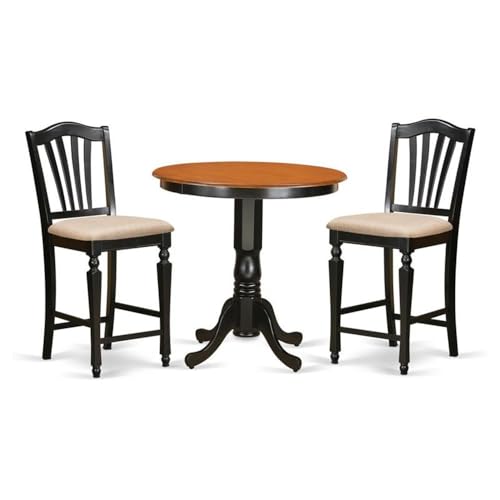 East West Furniture JACH3-BLK-C 3 Piece Counter Height Dining Table Set Contains a Round Wooden Table with Pedestal and 2 Linen Fabric Kitchen Dining Chairs, 36x36 Inch, Black & Cherry - color: Jach3-blk-c