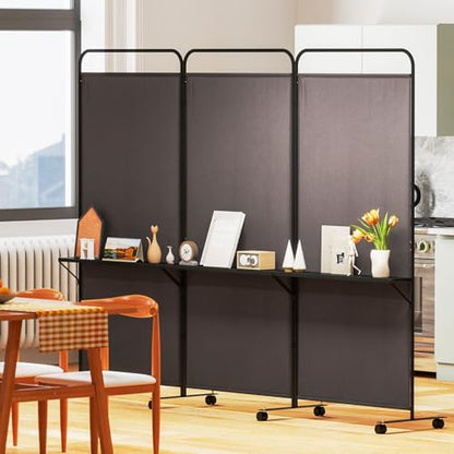 Giantex 3 Panel Room Divider with Wheels and Shelves, 103" W x 74" H Folding Privacy Screen, Rolling Partition Separator for Home Office Studio, Fabric Wall Divider for Room Separation (Brown) - color: Brown