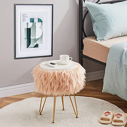 Faux Fur Storage Ottoman Round Furry Vanity Stool Marble Grain Tray Coffee Table Compact Footrest Stool with 4 Metal Legs Soft Makeup Seat Foot Stools Living Room Bedroom Entryway Champagne - color: Champagne
