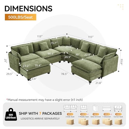 113'' V Shaped Cloud Sectional Sofa, Oversized Deep Seat Couches for Living Room, Chenille Comfy Upholstered Modular Sectional Sofa Couch with 2 Movable Ottoman, Green - color: Green, size: 113'' V Shaped+2 Ottoman