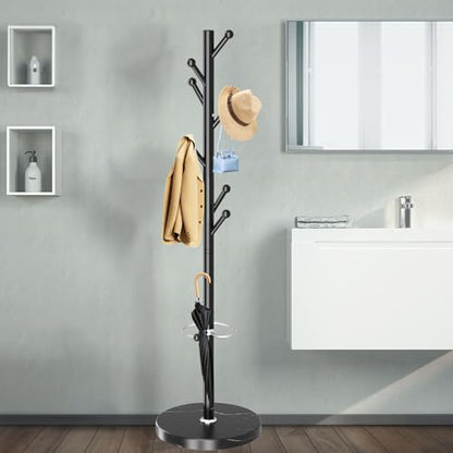 OIRUMIE Coat Rack,Metal Coat Rack Frestanding,Black Coat Stand for Entryway | Coat Rack Stand with Marble Base & Umbrella Holder,Modern Coat Hanger Stand,Coat Clothes Tree Stand for Hallway - color: Black-8 Hooks