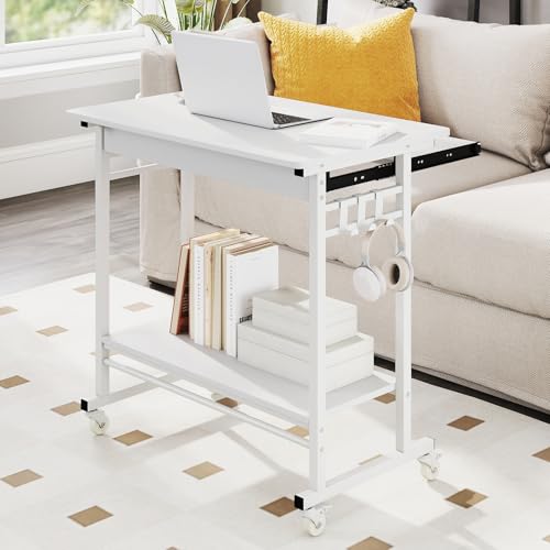 GIANTEX Rolling Computer Desk, Mobile Portable Desk with Keyboard Tray & Wheels, Laptop PC Table Cart with Shelf & Hooks, Industrial Small Desk for Small Spaces, Home Office, Bedroom, White - color: White