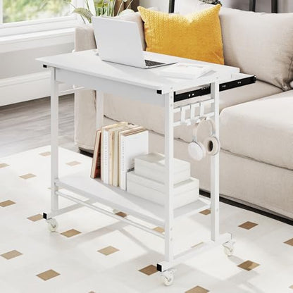 GIANTEX Rolling Computer Desk, Mobile Portable Desk with Keyboard Tray & Wheels, Laptop PC Table Cart with Shelf & Hooks, Industrial Small Desk for Small Spaces, Home Office, Bedroom, White - color: White