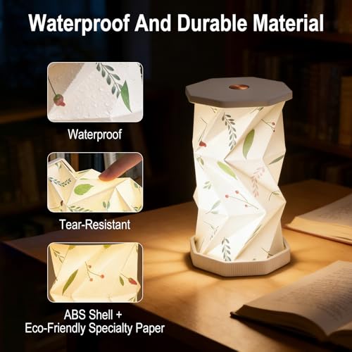 Foldable Mini Night Light, USB Rechargeable Touch Lamp | Portable Paper Lantern Lamp with Dimmable Warm Glow, Boho Leaf Pattern, Rotating Design for Bedroom, Living Room & Travel