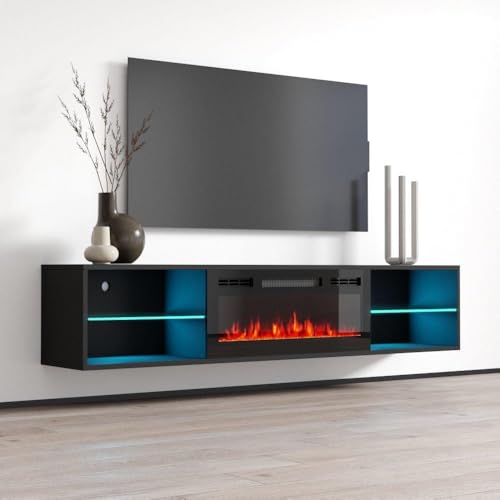 Meble Furniture Lima EF Floating Fireplace TV Stand — Wall Mounted Electric Fireplace Media Console — Matte Finish, 72 inches — Black