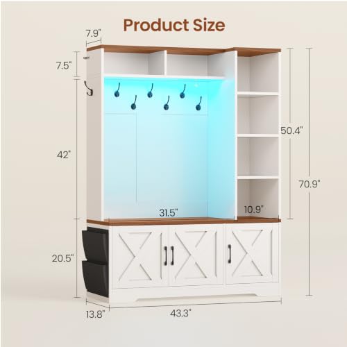 Itaar Hall Tree with Bench and Shoe Storage, Farmhouse Entryway Bench with Coat Rack, Shoe Cabinet with Adjustable Shelves, 6 Storage Cubbies, 10 Coat Hooks, Storage Bag, Led Lights, White - color: White, size: 13.8"D x 43.3"W x 70.9"H