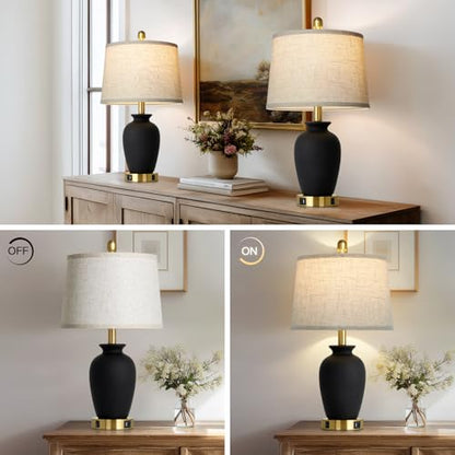 23" Set of 2 Black Ceramic Farmhouse Table Lamp with Ginger Jar Design, Bedside USB Lamps for Living Room,Dining Room,Bedroom,Office,Nightstand,End Table - color: Black
