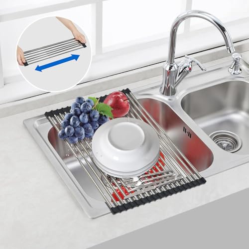 Expandable Roll Up Dish Drying Rack Over The Sink Rack, Foldable Dish Drainer Rack Stainless Steel for Large Sink, Silicone Rollable Collapsible Rack 18 Tube for Kitchen(Sliver,12'' to 21.14”) - color: Black+silver Expandable