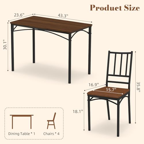 5-Piece Dining Table Set with 4 Chairs & Adjustable Feet, Upholstered Seats Kitchen Table and Chairs Set of 4, Space-Saving Design for Small Apartments and Dining Rooms, Walnut - color: Walnut, size: 5-piece