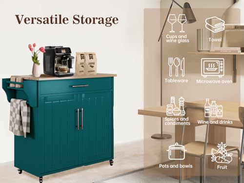 Kitchen Storage Island, Wooden Rolling Kitchen Island On Wheels with Countertop, Mobile Kitchen Island Cart with Towel Rack, Spice Rack and Drawers, Green - color: Green