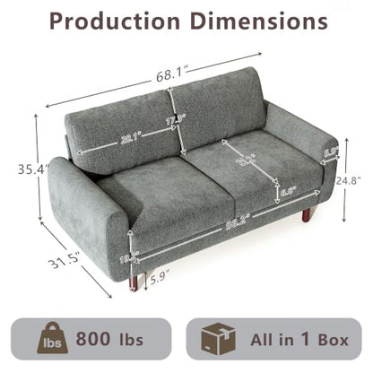 Ihanherry 68" Loveseat Sofa, Small Couch for Small Spaces, Comfy Chenille Sofa with Spring Cushion and Wood Frame, Mid Century Modern Couch, Deep Seat Couch for Living Room Bedroom Office, Grey - color: Grey