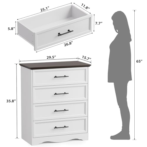 White Dresser for Bedroom, Modern 36" Tall 4 Chest of Drawers, Wide Chest of Drawers w/Brushed Metal Handle, Wood Closet Organizers and Storage Cabinet for Bedroom, Living Room, Hallway - color: White, size: 15.7"D x 29.5"W x 35.8"H (4 Drawers)
