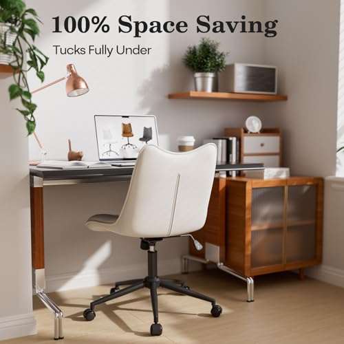 Armless Office Chair, Swivel Rolling Leather Desk Chair, White | Waterproof Upholstery, Padded Seat, 15° Relaxing Tilt, 330 LBS Capacity, for Bedroom Vanity and Computer Work - color: White