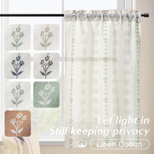 Lino Rosa Kitchen Window Curtains Over Sink,Sage Green Boho Vintage Floral Sheer Curtain for Bathroom Window Cafe,36 Inch Length,Cream Colored - color: Light Green, size: 24"W x 36"L (Pack of 2)