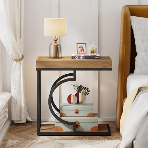 Tribesigns Narrow Side Table C Shaped End Table Modern Bedside Tables for Couch, Small Sofa Chairside Tables with Metal Frame for Living Room (2, Natural+Black) - color: Natural+black