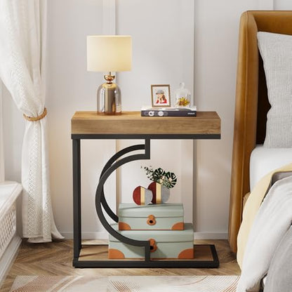 Tribesigns Narrow Side Table C Shaped End Table Modern Bedside Tables for Couch, Small Sofa Chairside Tables with Metal Frame for Living Room (2, Natural+Black) - color: Natural+black