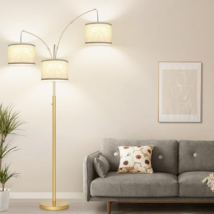 Dimmable Floor Lamp, 3 Lights Gold Arc Floor Lamp, Modern Tall Standing Tree Lamp with White Linen Shades & Heavy Base, 3000LM LED Bulbs, Bright Lighting for Living Room, Bedroom, Office & Reading - color: Gold-White Shade