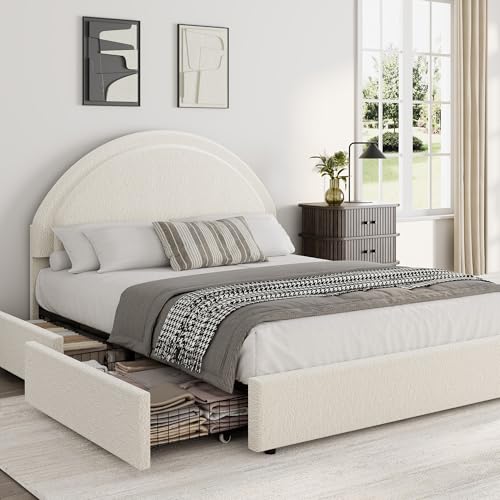 Garvee Full Size Bed Frame with Storage Drawers, Upholstered Boucle Platform Bed with Round Headboard, Heavy Duty & Noise Free, No Box Spring Needed, Beige | Round Headboard, Heavy Duty & Noise Free, No Box Spring Needed - color: Beige, size: Full