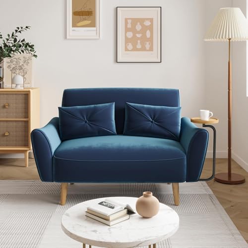 48" Loveseat Sofa - Small Couch for Small Spaces, Convertible Tray Sofa with 2 Pillows, Velvet Couch for LivingRoom, Bedroom, Apartment, Studio, Blue - color: Blue, size: Velvet