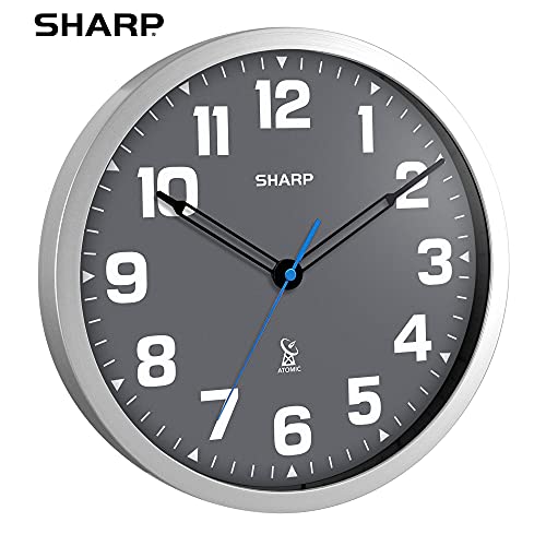 Sharp 12-Inch Atomic Wall Clock, Battery Powered, Grey Face Silver Frame | Self-setting atomic time; Easy-read analog face; Automatic time adjustment; Simple setup; Versatile home or office style - color: Silver / Grey, size: Large