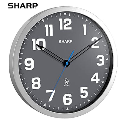 Sharp 12-Inch Atomic Wall Clock, Battery Powered, Grey Face Silver Frame | Self-setting atomic time; Easy-read analog face; Automatic time adjustment; Simple setup; Versatile home or office style - color: Silver / Grey, size: Large