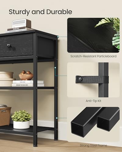 SONGMICS Console Table, Narrow Sofa Table with 2 Mesh Shelves | For Entryway, Living Room, 3 Fabric Drawers, Ebony Black, BELLAH Collection ULGS098B201 - color: Ebony Black, size: 11.8"D x 38.9"W x 31"H (3 Drawers)