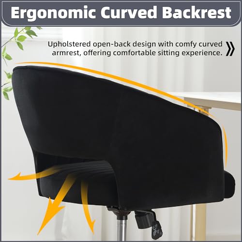 Desk Chair with Wheels, Gold Base, Velvet Accent Vanity Armchair, Black | Spacious‌ Soft Seat, Swivel Height Adjustable, Rocking Function, Modern Stripe for Girls &Women Bedroom Makeup or Nail - color: Black Velvet