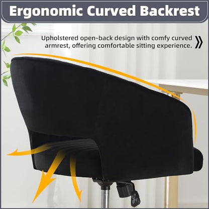 Desk Chair with Wheels, Gold Base, Velvet Accent Vanity Armchair, Black | Spacious‌ Soft Seat, Swivel Height Adjustable, Rocking Function, Modern Stripe for Girls &Women Bedroom Makeup or Nail - color: Black Velvet