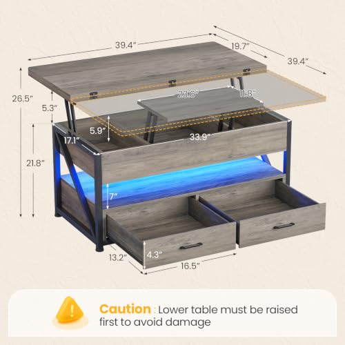 Itaar 40" Lift Top Coffee Table with 2 Drawers Storage for Living Room | Grey 4 in 1 Expandable Coffee Table with 2 Drawers & LED Light & Hidden Compartmen for Dining Living Room Table - color: Grey
