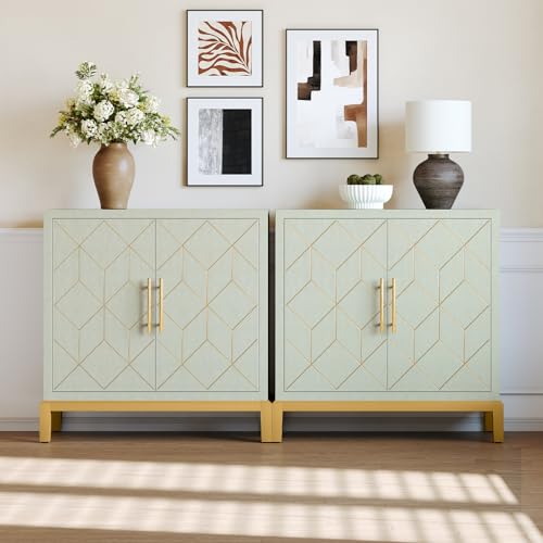 HLR Accent Cabinet with Gold Trim Set of 2,Storage Cabinet with 2 Doors,Modern Wooden Sideboard for Living Room, Kitchen, Office and Hallway(Green) - color: Green, size: 2 piece