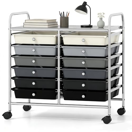 COSTWAY 12-Drawer Rolling Storage Cart, Utility Storage Organizer Cart | For Tools, Scrapbook, Paper, Craft, Multipurpose Art Supply Organizer on Wheels for Home Office School, Teacher, Mixed Black - color: Mixed Black, size: 25"L x 15"W x 24.5”H (12 Draw