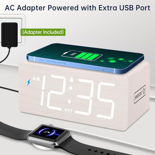 DreamSky Wooden Digital Alarm Clock with Wireless Charging for Bedroom | Bedside Nightstand Clock with Charger Station, USB Port, Large Numbers, Adjustable Volume, Brightness Dimmer, DST - color: White