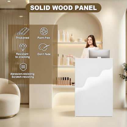 Wood Reception Desk with Counter, Front Desk with LED Light&Lockable Drawer | Small Modern Reception Table Retail Checkout for Counter for Lobby, Beauty Salon, White (37.8"L x 23.6"W x 15.7"H) ﻿ - size: 37.8x23.6x15.7in