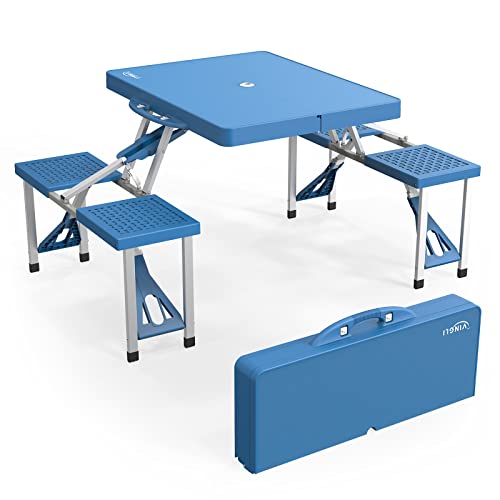 VINGLI 4 Ft Camping Picnic Table Set with 4 Seats with Umbrella Hole Folding Lightweight Suitcase Card Table-220 Lbs Support Aluminum Frame, Plastic RV Tabletop for Barbecue,Travel,Outing,Gathering - color: Blue
