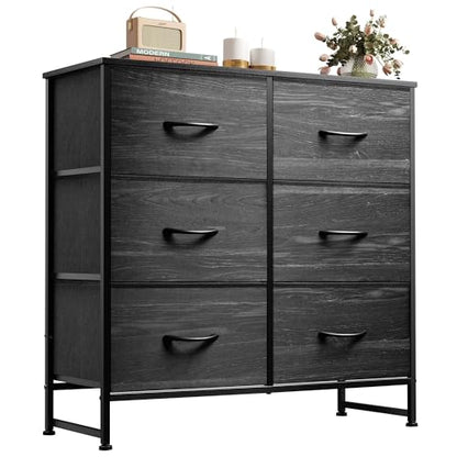 WLIVE Dresser for Bedroom with 6 Drawers, Charcoal Black Wood Grain Print | Closet Dresser, Metal Frame, Wooden Top, Fabric Dresser for Closet, Living Room, Hallway - color: Charcoal Black Wood Grain Print