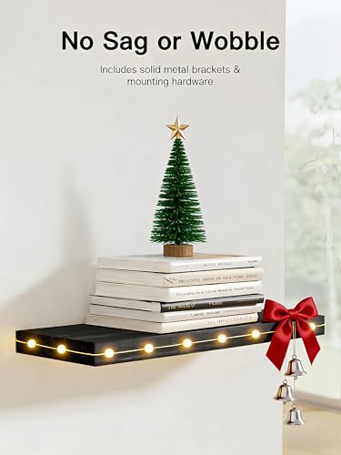 Amada Paulownia Wood Floating Shelves for Wall, Set of 4, Black | Wall Shelves with Solid Metal Concealed Brackets, 22 lbs Capacity per Shelf, Includes Drilling Template, Flexible 4-Piece Set - color: Black, size: 4