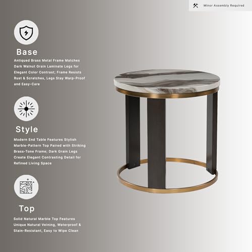 Signature Design by Ashley Jazmore End Table, 24 Inch Round Faux Marble Accent Side Table with Antiqued Brass Finished Metal Frame and Replicated Walnut Wood Legs, White & Black - color: Brown/Brass Finish