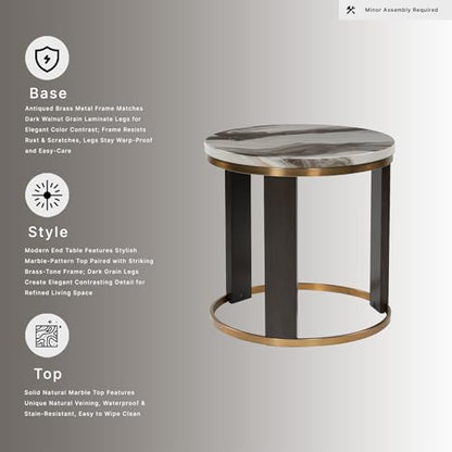 Signature Design by Ashley Jazmore End Table, 24 Inch Round Faux Marble Accent Side Table with Antiqued Brass Finished Metal Frame and Replicated Walnut Wood Legs, White & Black - color: Brown/Brass Finish