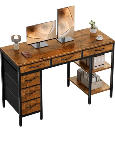 Simple Deluxe Computer Desk with 6 Drawers, 55 Inch Office Workstation with Storage Shelves, Reversible Corner Gaming Table, Home Office Study Desk with Fabric Organizer, Rustic Brown - color: Brown, size: 55 * 18 inch