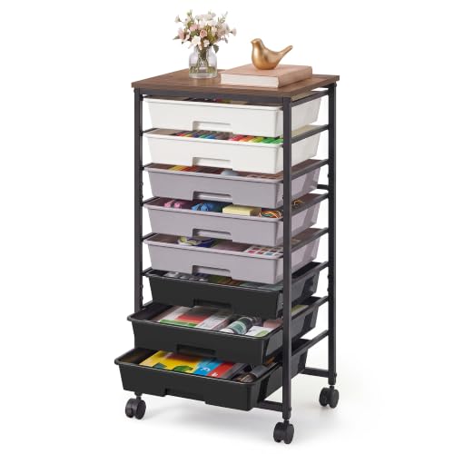 VASAGLE 8-Drawer Rolling Storage Cart, Utility Cart with Wheels and Wood Top, Craft Organizer for Office and Home, 15.6 x 11.2 x 30.1 inch, Black, BENCO Collection ULRC006B101 - color: Black, size: 8 Drawer