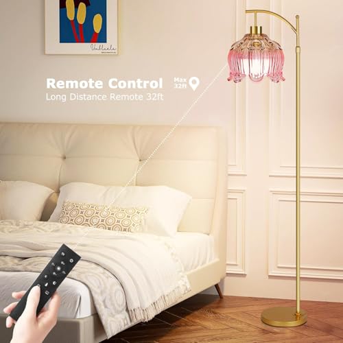 ILLMTW Pink Floor Lamp for Living Room,Bedroom,Glass Mid Century Modern Standing Lamp with Remote,Dimmable Gold Brass Tall Lamp Tulip Flower Arc Floor Light Boho Bohemian - size: Floor Lamp-23