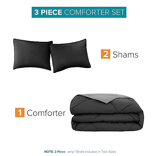 Comfort Spaces Vixie Reversible Comforter Set - Trendy Casual Geometric Quilted Cover, All Season Down Alternative Cozy Bedding, Matching Sham, Black/Gray, Full/Queen 3 piece | Down Alternative, All Season, Bedding for Bedroom, Geometric Pattern, Reversib